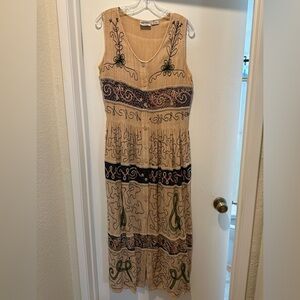 Vintage Aujumun Embroidered Maxi Dress in Beige and Black Boho